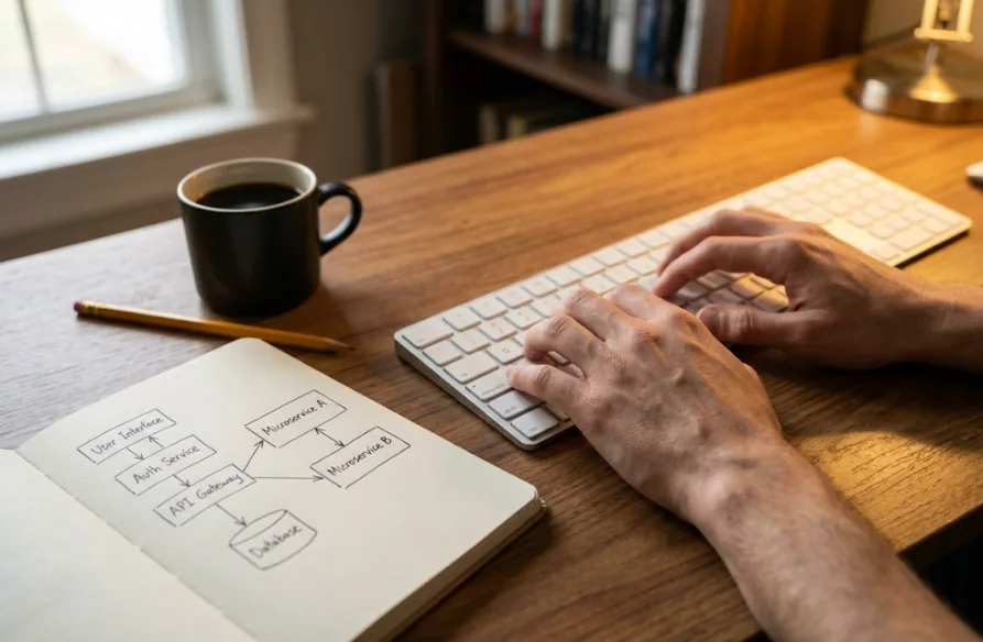 Mão anotando um diagrama em caderno ao lado de um teclado